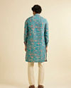 alt message - Manyavar Men Turquoise Blue Bel Buti Patterned Kurta image number 4