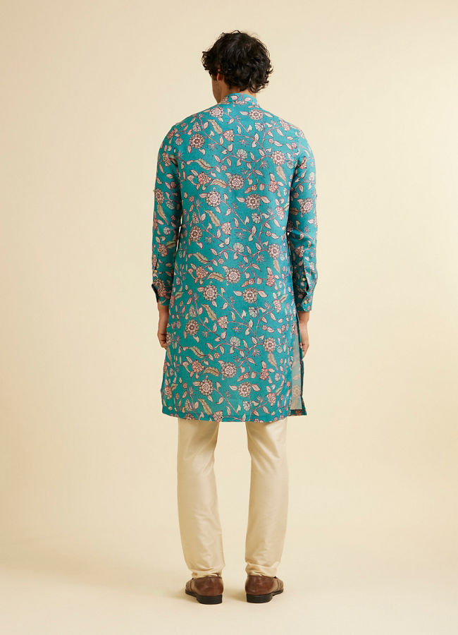 alt message - Manyavar Men Turquoise Blue Bel Buti Patterned Kurta image number 4