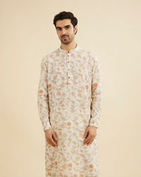 Manyavar Men Cream White Floral Printed Kurta