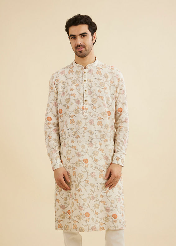 Manyavar Men Cream White Floral Printed Kurta