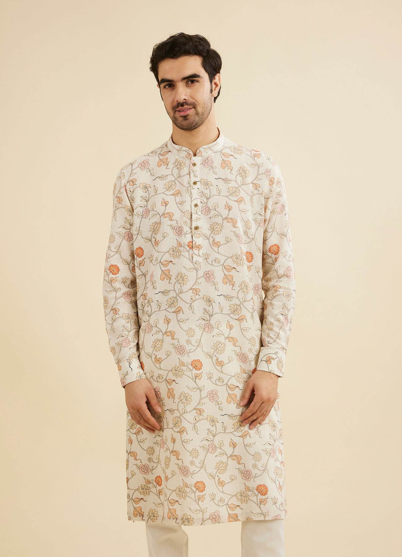 Manyavar Men Cream White Floral Printed Kurta