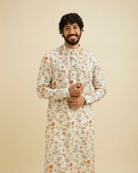 Manyavar Men Cream White Floral Printed Kurta