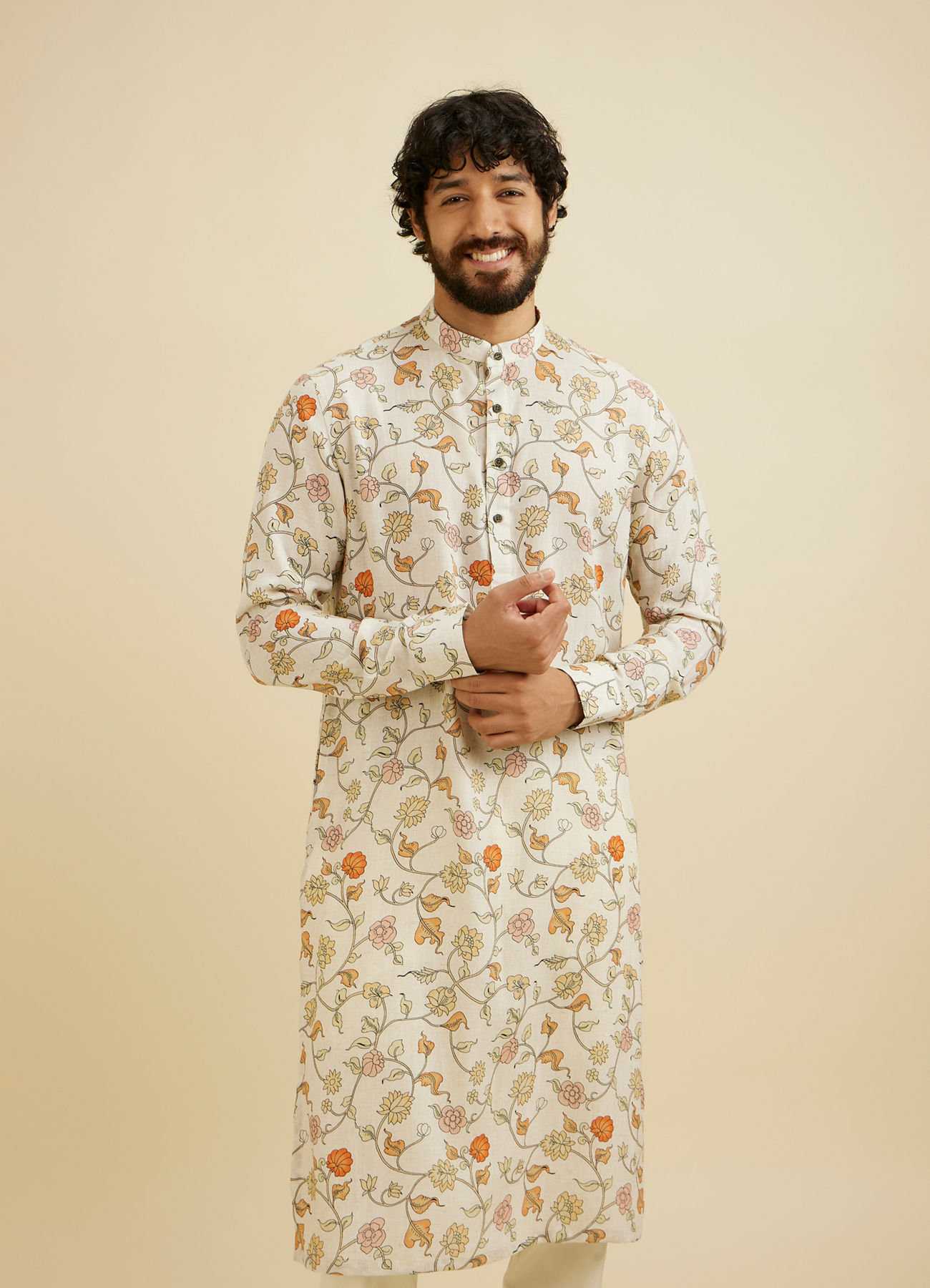 Manyavar Men Cream White Floral Printed Kurta