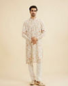 Manyavar Men Cream White Floral Printed Kurta