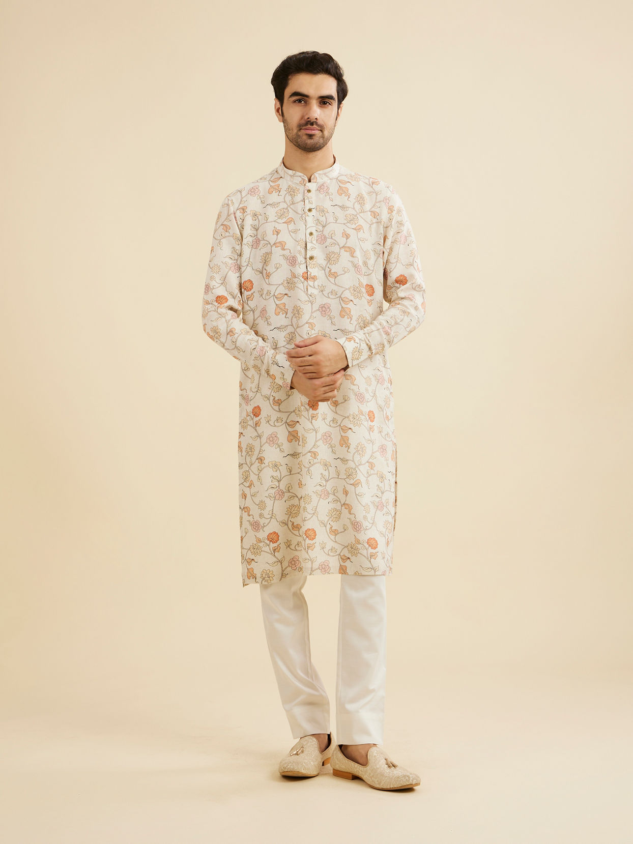 Manyavar Men Cream White Floral Printed Kurta