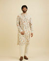 Manyavar Men Cream White Floral Printed Kurta