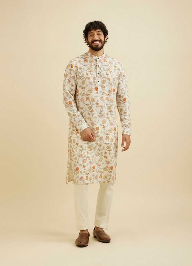 Manyavar Men Cream White Floral Printed Kurta