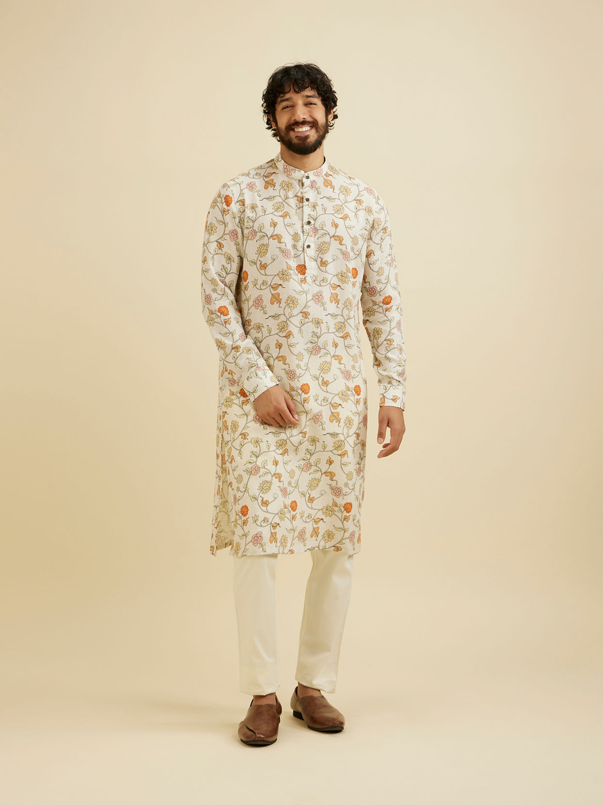 Manyavar Men Cream White Floral Printed Kurta