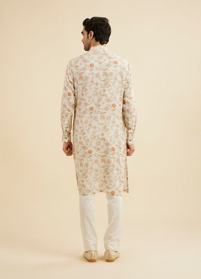 Manyavar Men Cream White Floral Printed Kurta