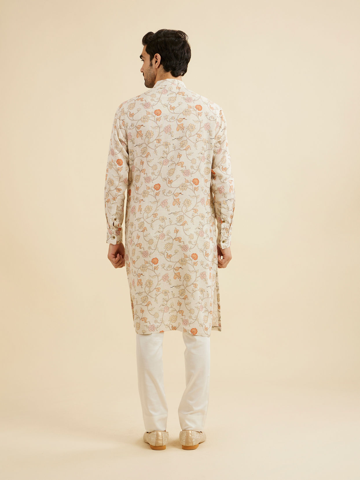 Manyavar Men Cream White Floral Printed Kurta