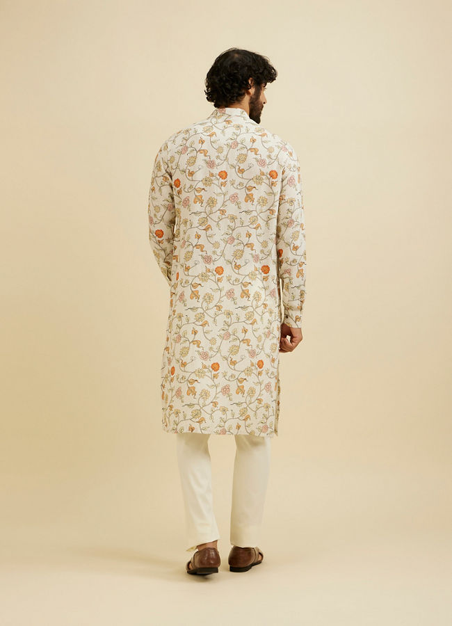 Manyavar Men Cream White Floral Printed Kurta