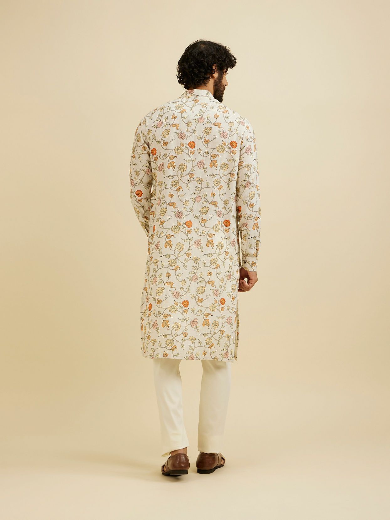 Manyavar Men Cream White Floral Printed Kurta