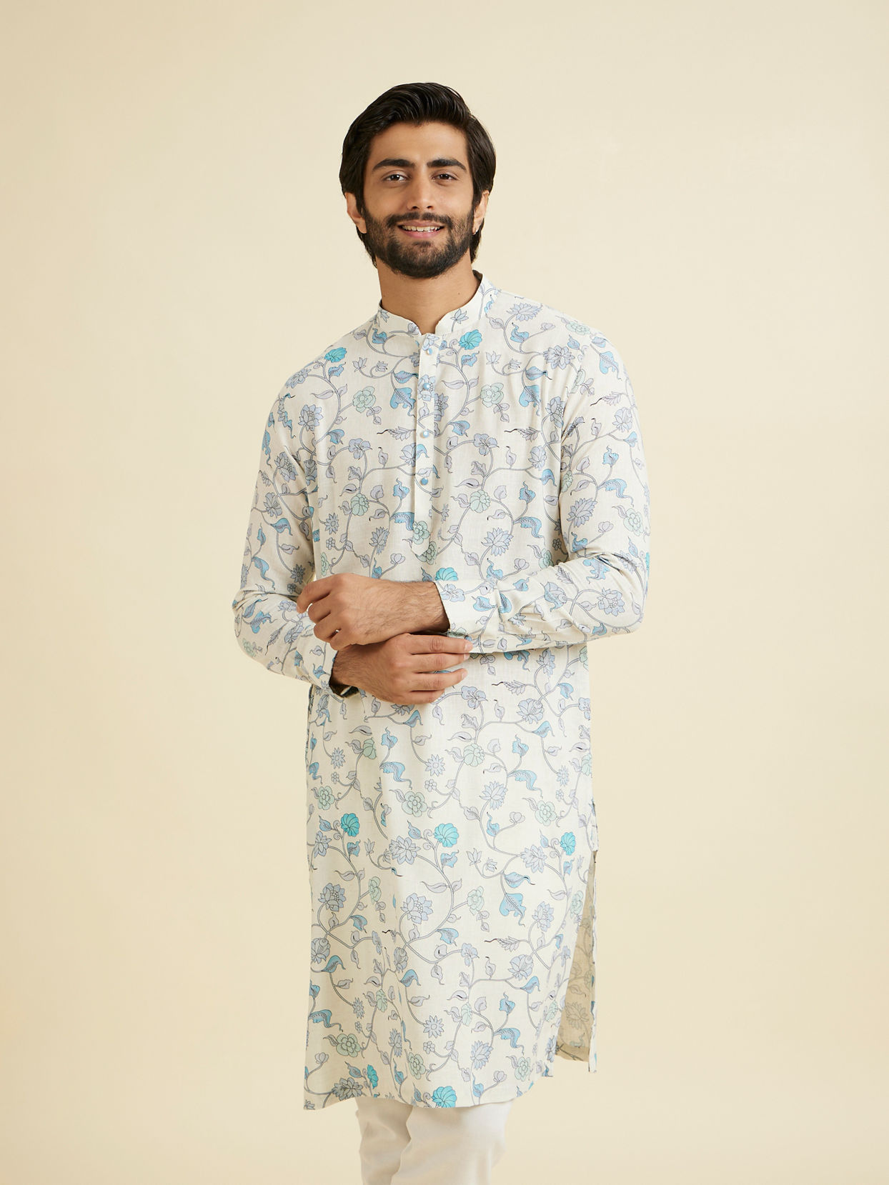 Manyavar Men Aqua Green Linen Kurta