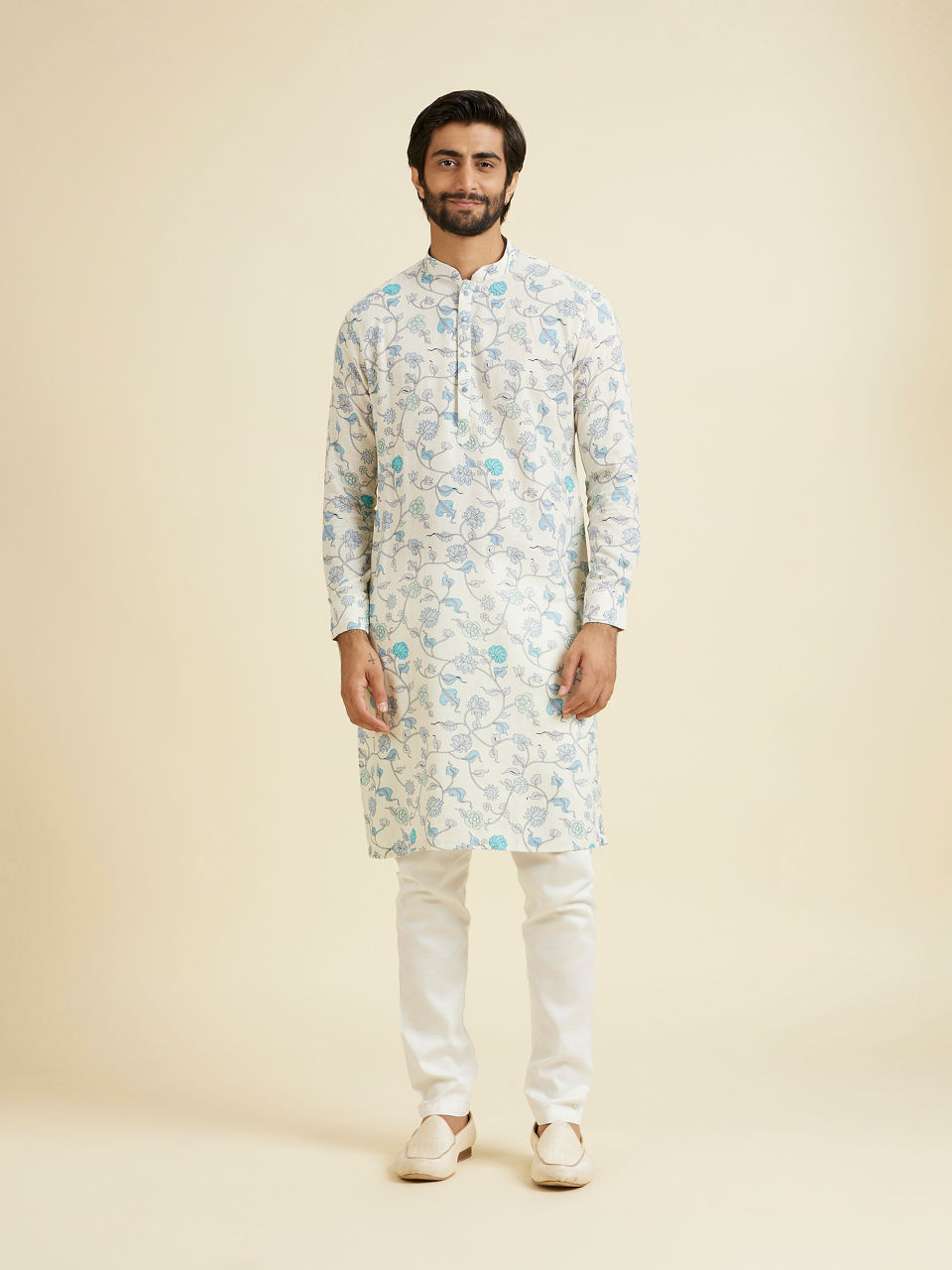 Manyavar Men Aqua Green Linen Kurta