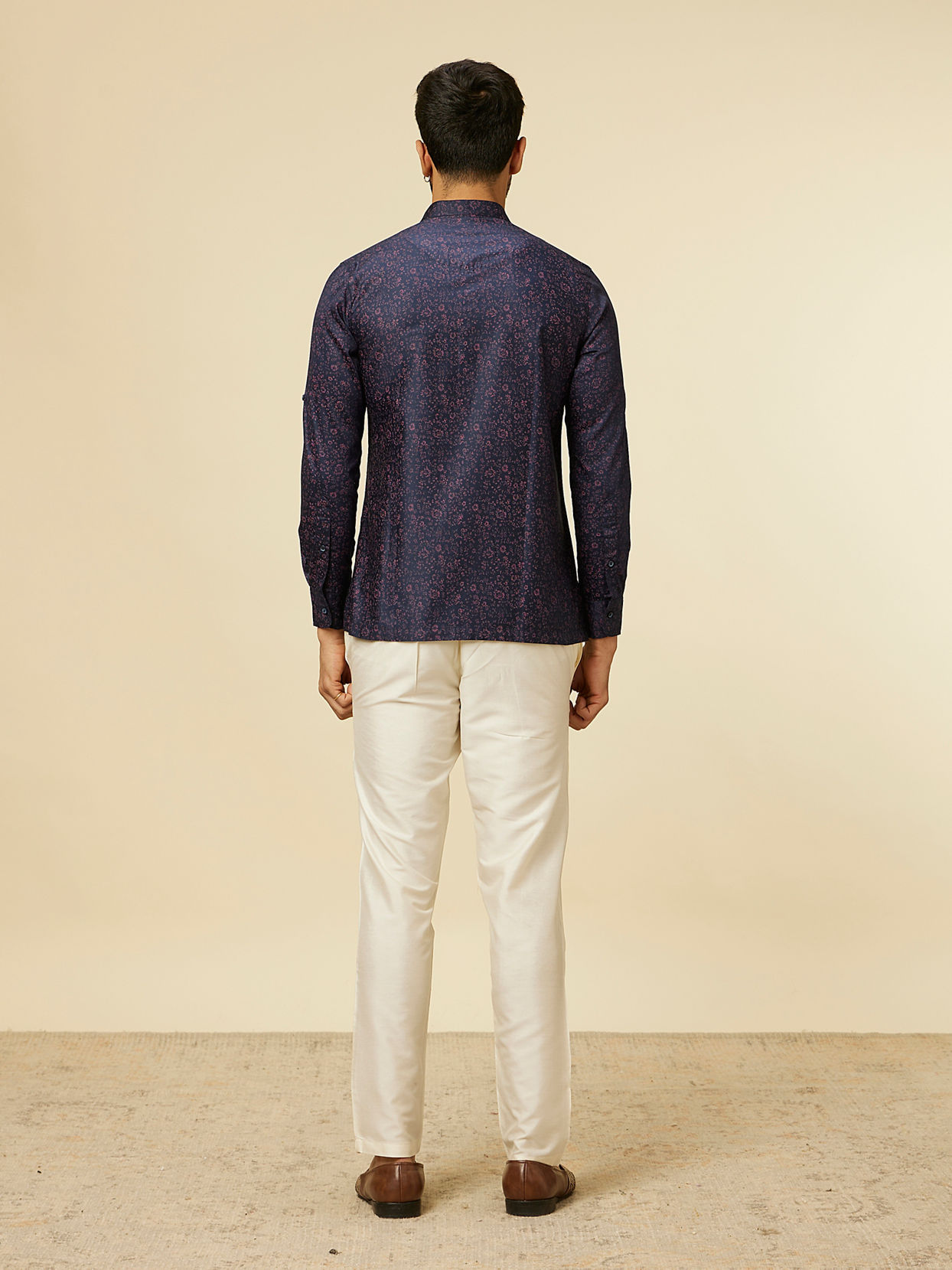 Manyavar Men Dark Blue Ditsy Floral Printed Short Kurta