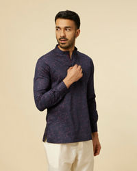 Manyavar Men Dark Blue Ditsy Floral Printed Short Kurta