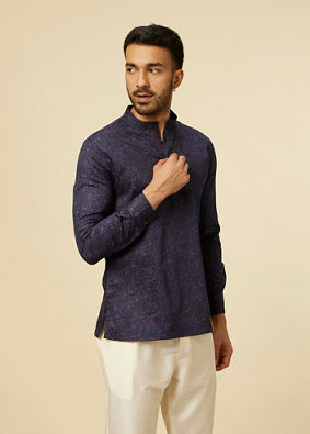 alt message - Manyavar Men Dark Blue Ditsy Floral Printed Short Kurta image number 0