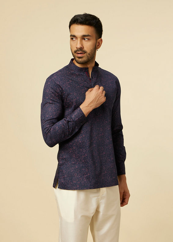 Manyavar Men Dark Blue Ditsy Floral Printed Short Kurta