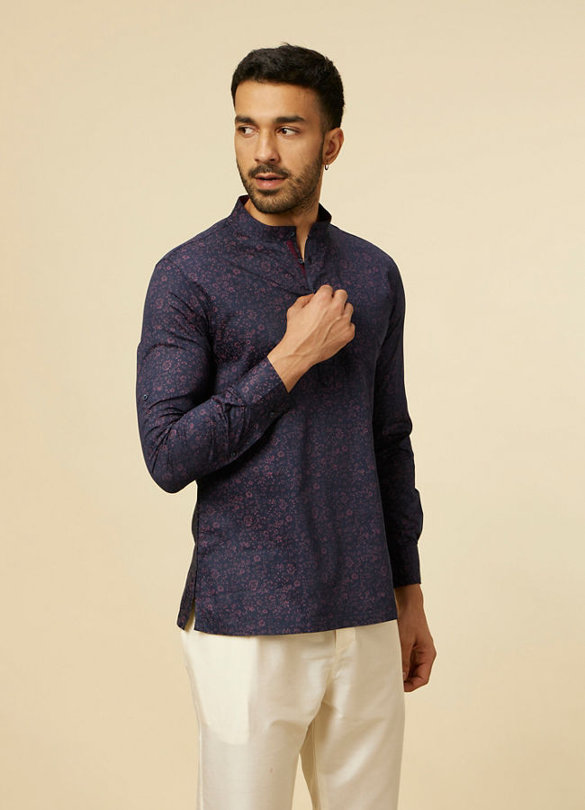 alt message - Manyavar Men Dark Blue Ditsy Floral Printed Short Kurta image number 0