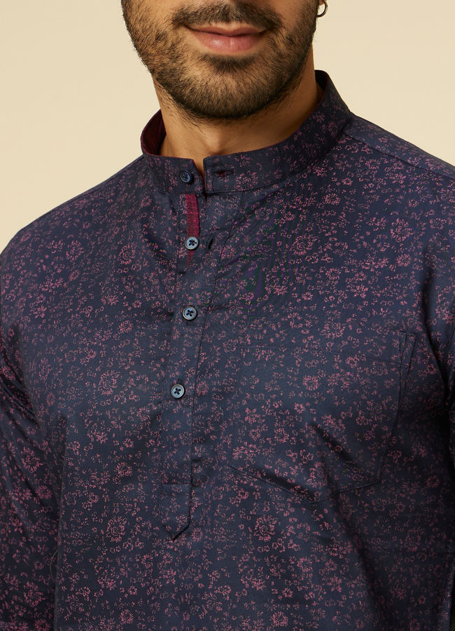 alt message - Manyavar Men Dark Blue Ditsy Floral Printed Short Kurta image number 1