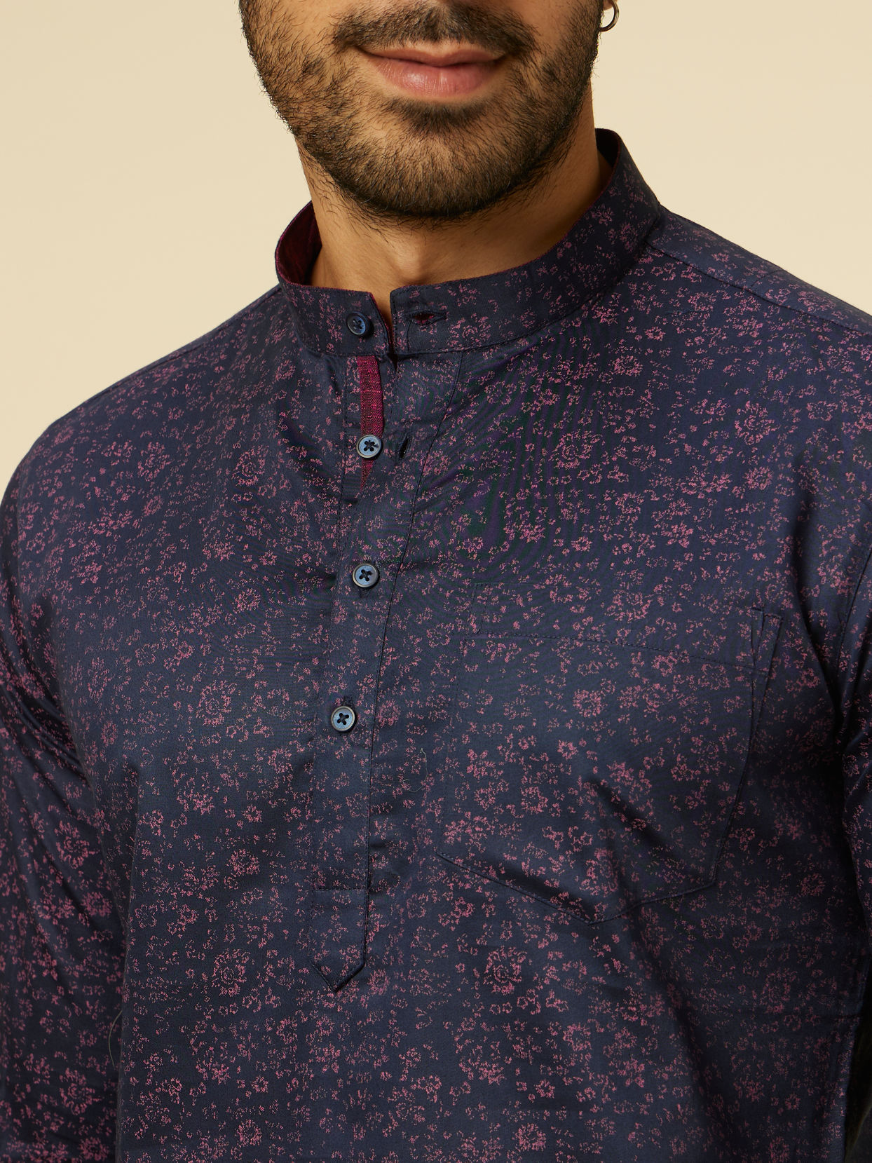 alt message - Manyavar Men Dark Blue Ditsy Floral Printed Short Kurta image number 1