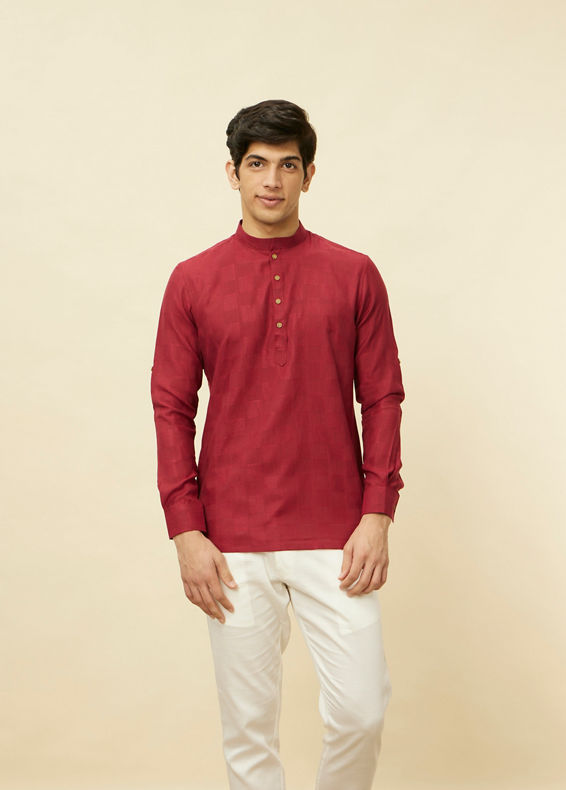 Manyavar Men True Red Square Grid Patterned Short Kurta