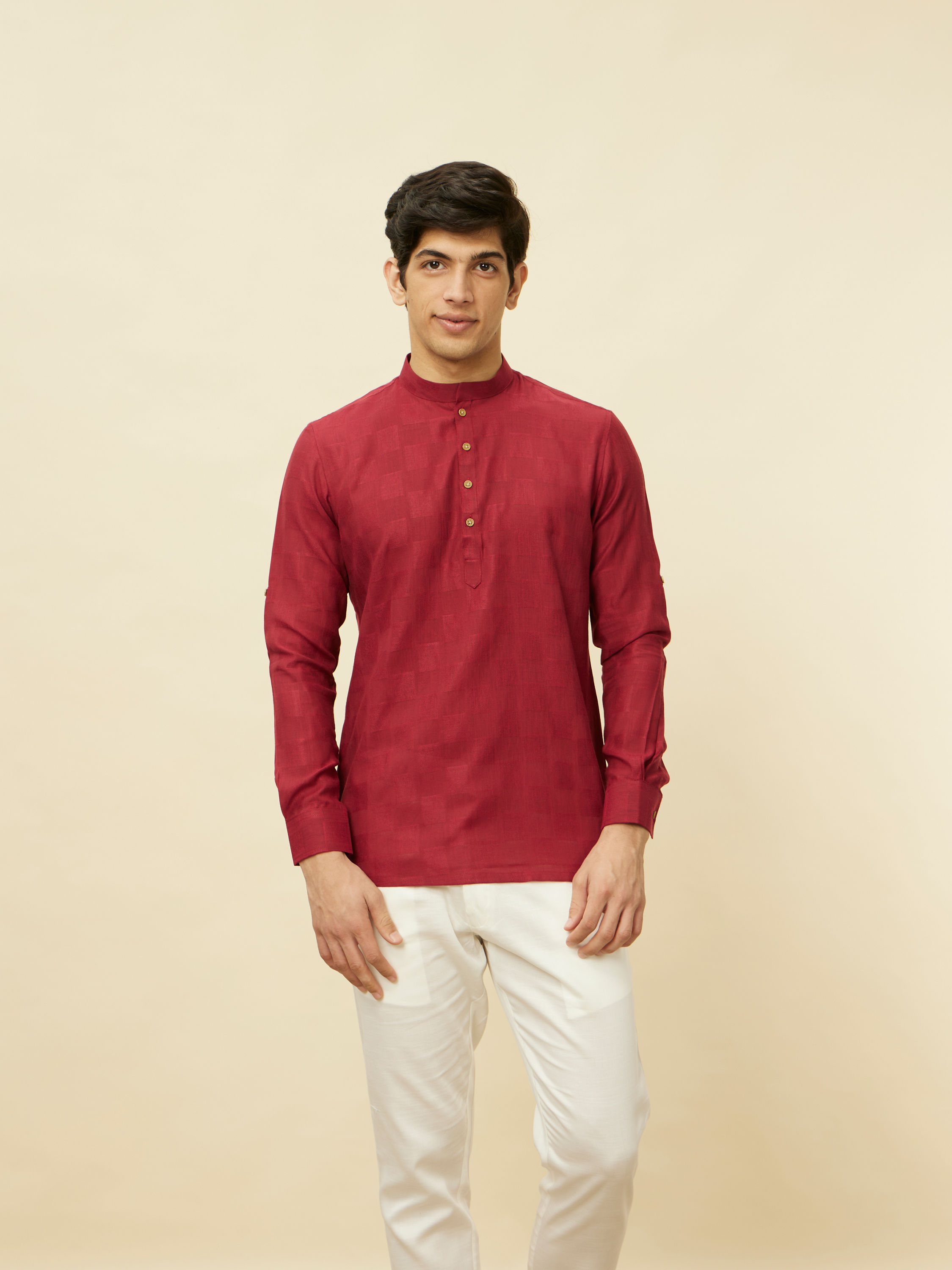 Manyavar Men True Red Square Grid Patterned Short Kurta