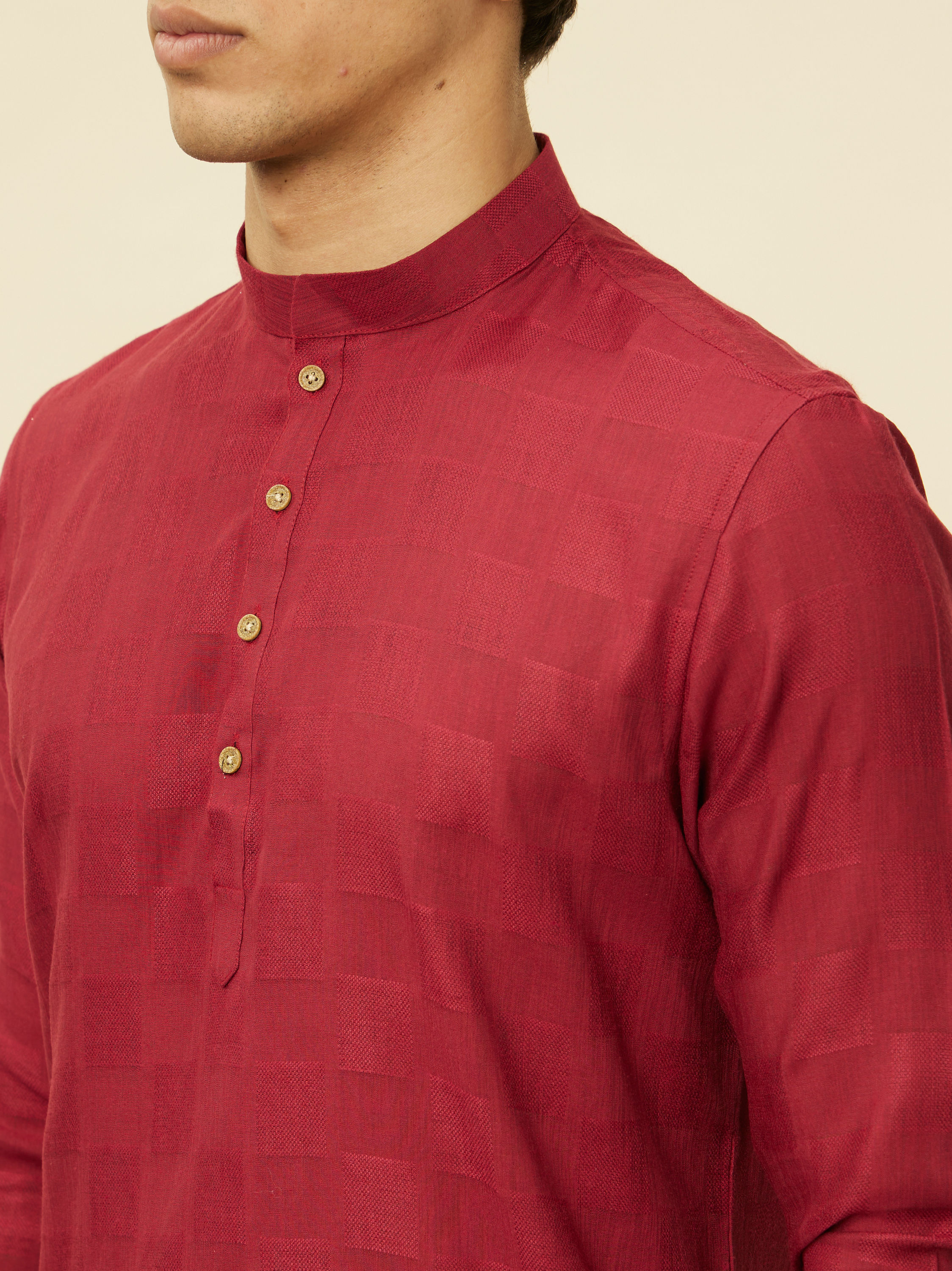 Manyavar Men True Red Square Grid Patterned Short Kurta