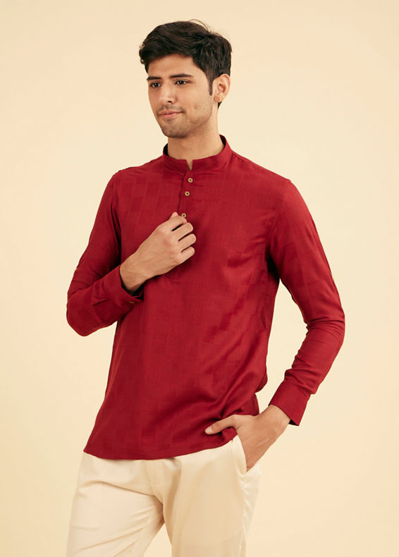 Manyavar Men True Red Square Grid Patterned Short Kurta