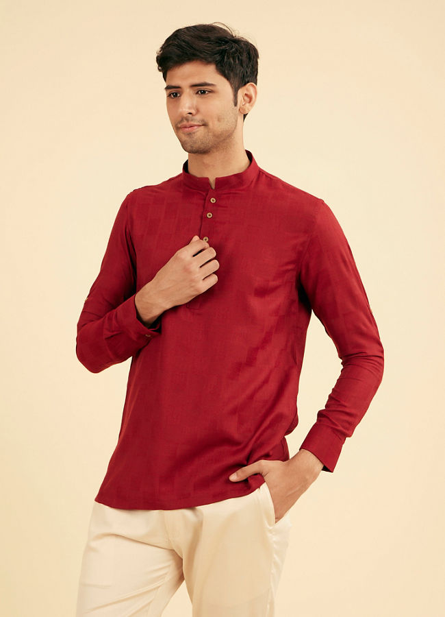 Manyavar Men True Red Square Grid Patterned Short Kurta