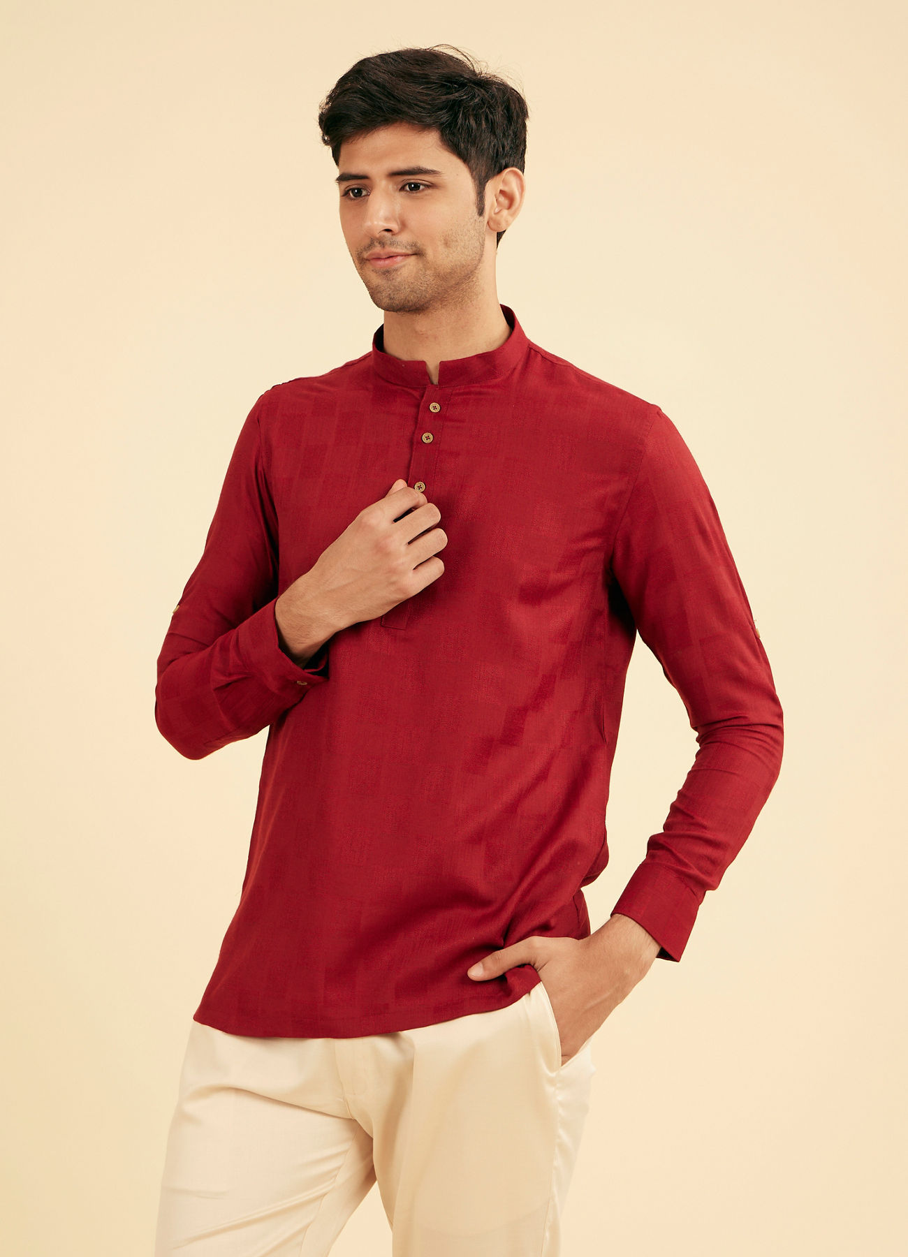Manyavar Men True Red Square Grid Patterned Short Kurta