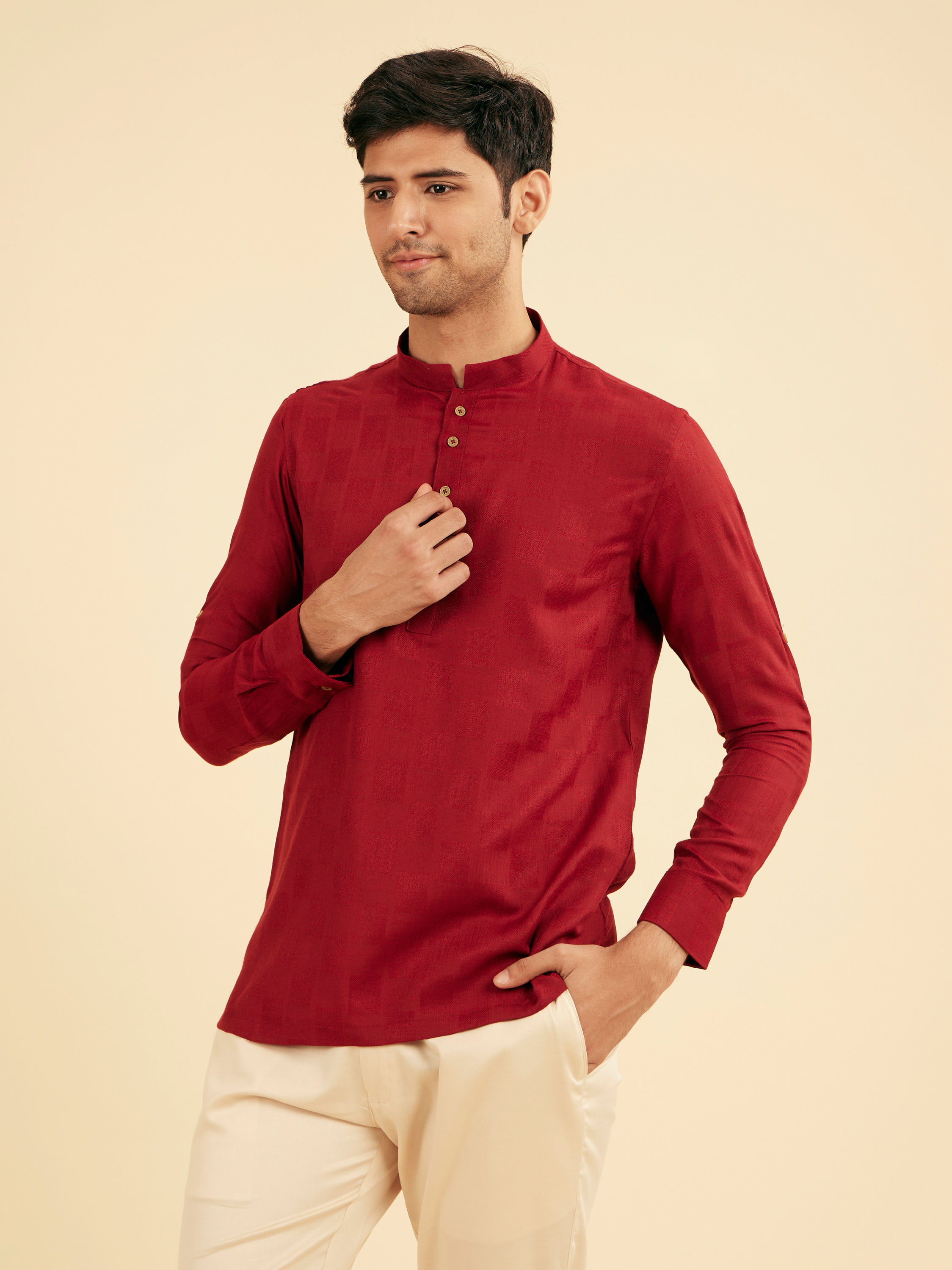 Manyavar Men True Red Square Grid Patterned Short Kurta