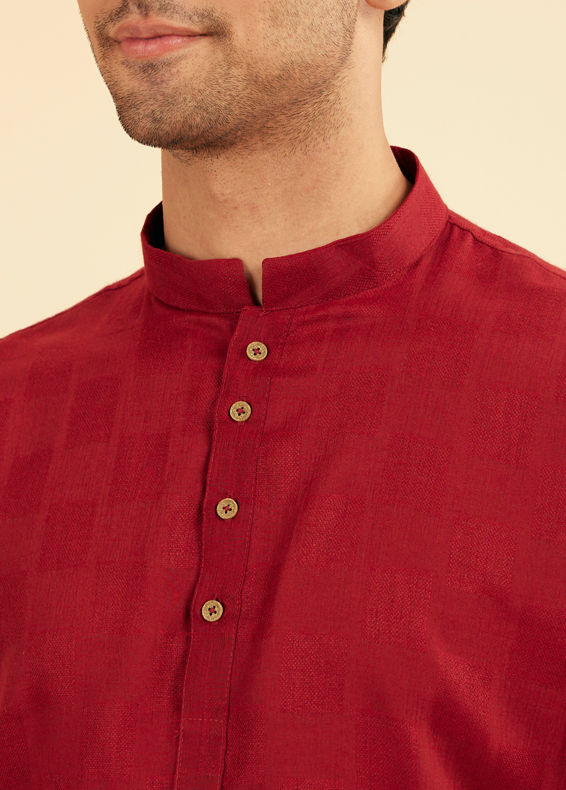 Manyavar Men True Red Square Grid Patterned Short Kurta