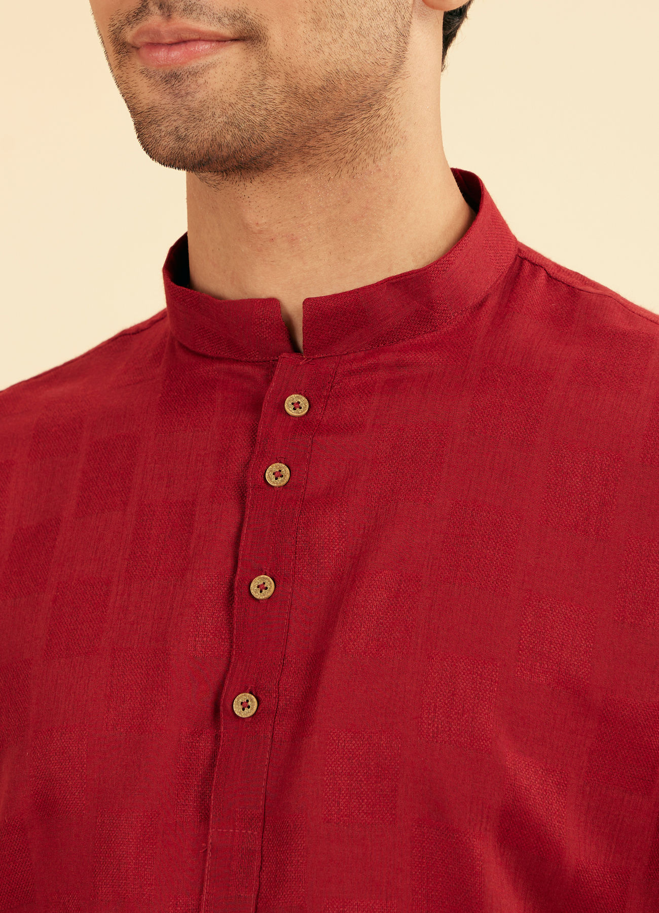 Manyavar Men True Red Square Grid Patterned Short Kurta