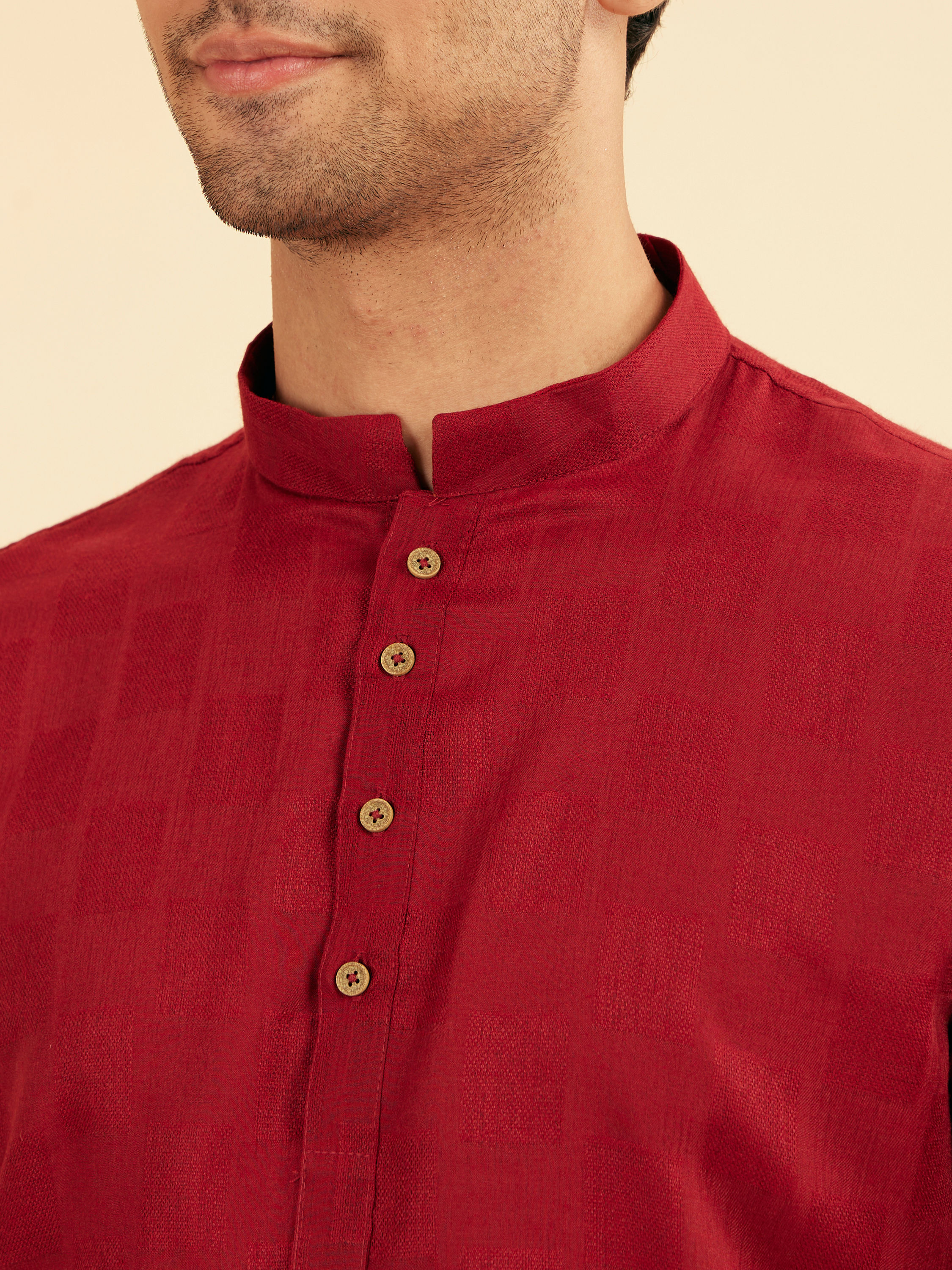 Manyavar Men True Red Square Grid Patterned Short Kurta