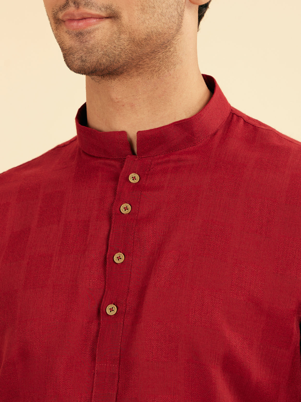 Manyavar Men True Red Square Grid Patterned Short Kurta
