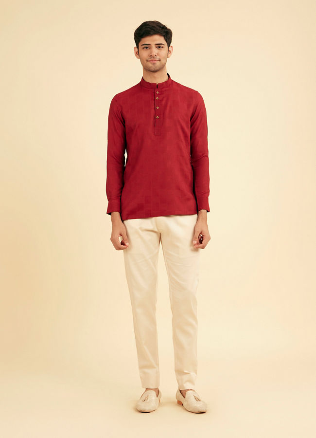 Manyavar Men True Red Square Grid Patterned Short Kurta