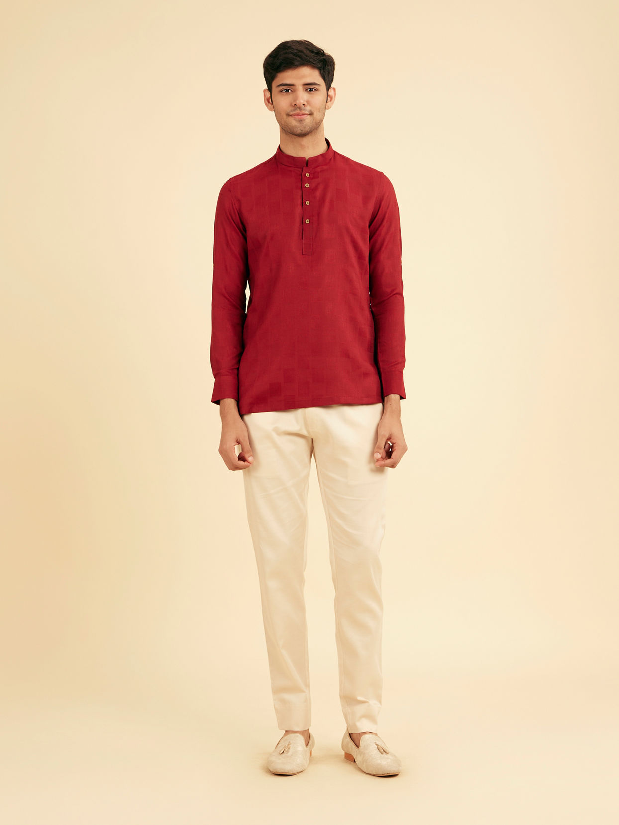 Manyavar Men True Red Square Grid Patterned Short Kurta
