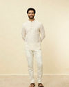 Manyavar Men Star White Shankh Printed Short Kurta