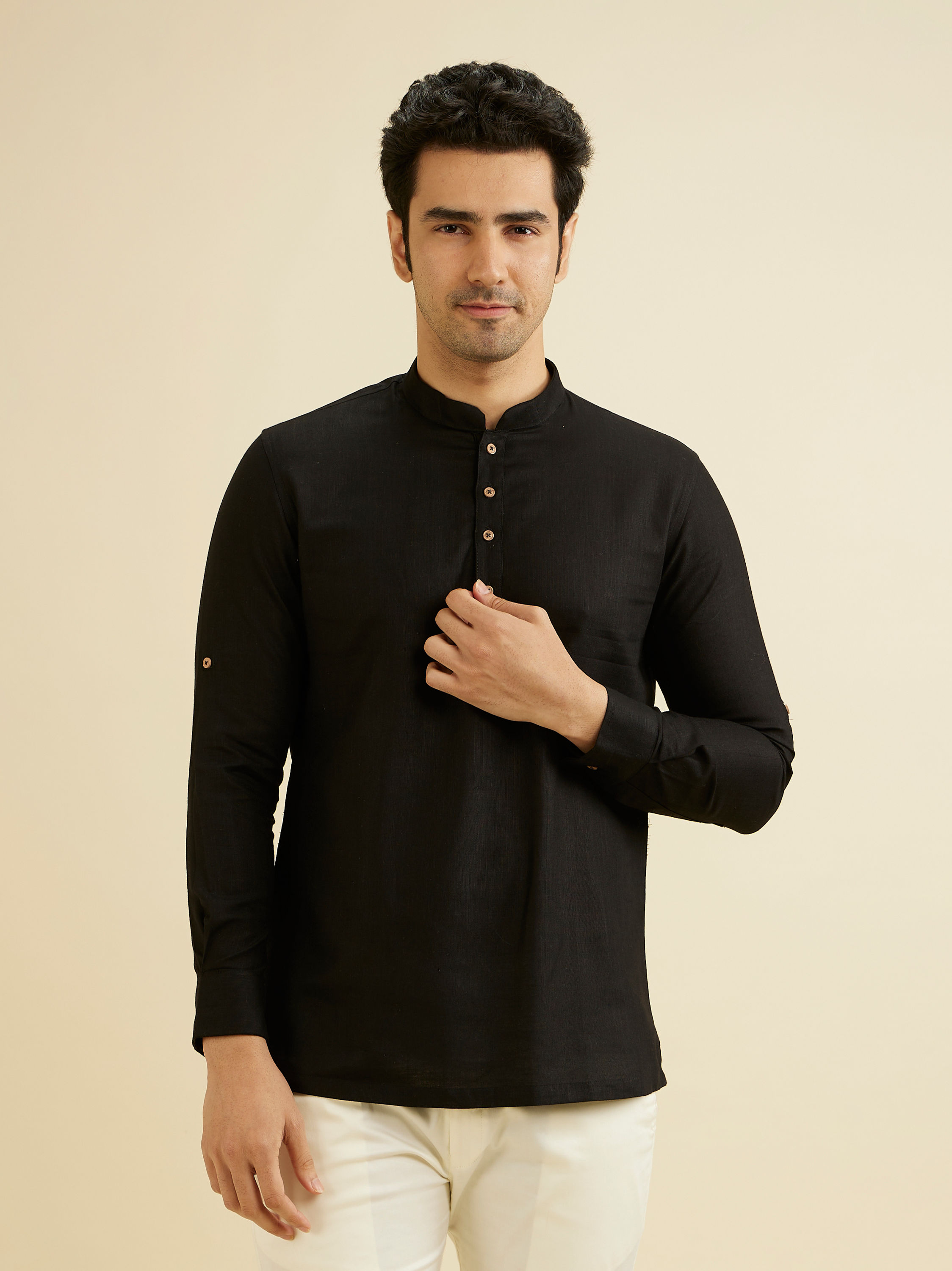 Manyavar Men Elegant Black Cotton Kurta