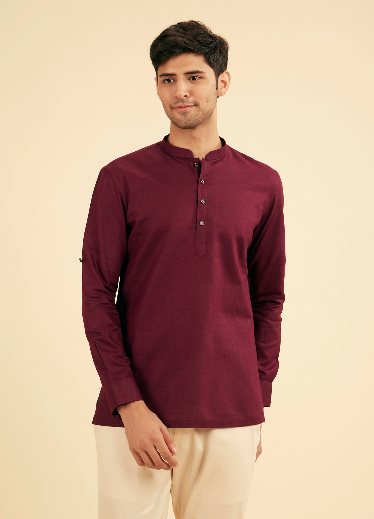 Manyavar Men Wine Cotton Fiesta Kurta
