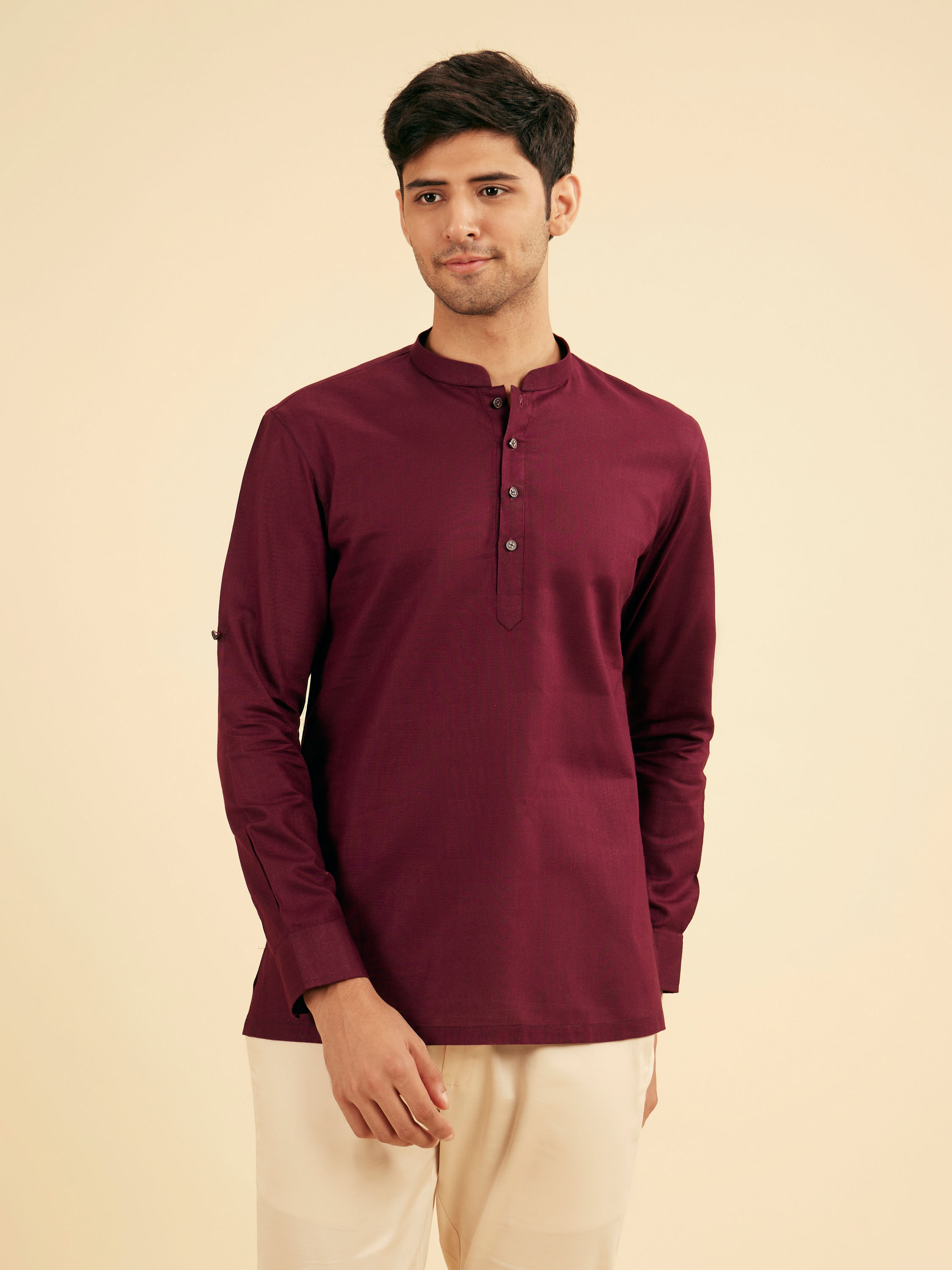 Manyavar Men Wine Cotton Fiesta Kurta