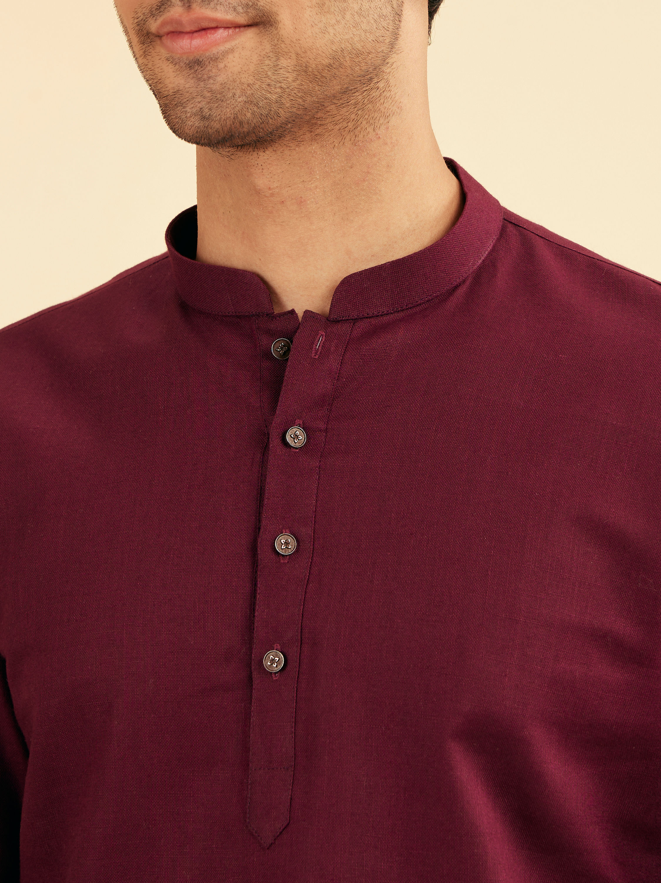 Manyavar Men Wine Cotton Fiesta Kurta