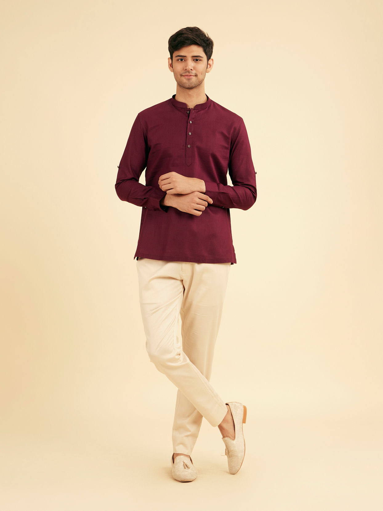 Manyavar Men Wine Cotton Fiesta Kurta