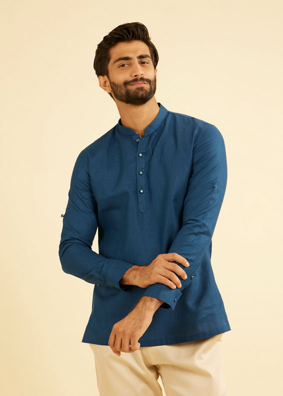 Manyavar Men Teal Blue Soiree Short Kurta