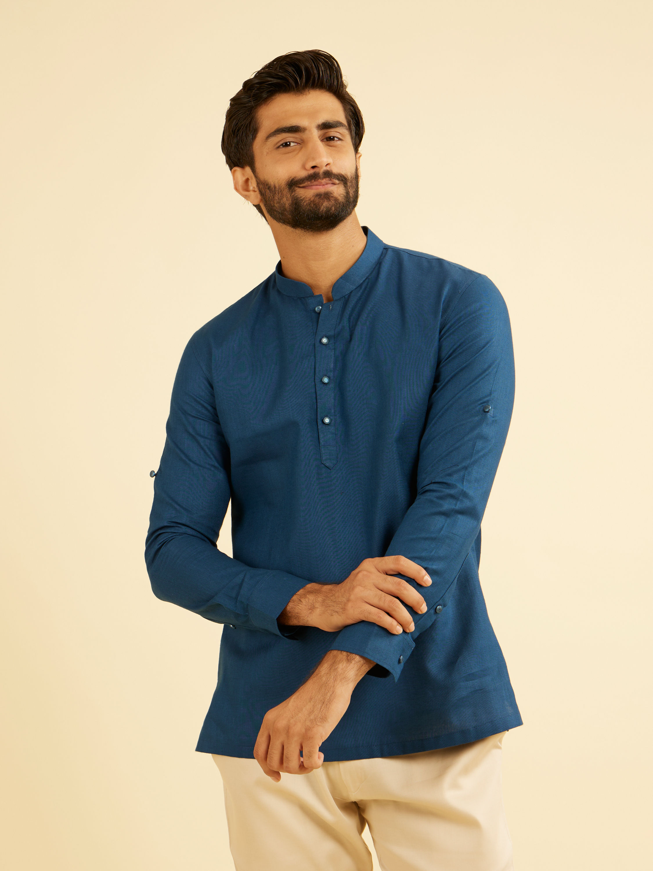 Manyavar Men Teal Blue Soiree Short Kurta