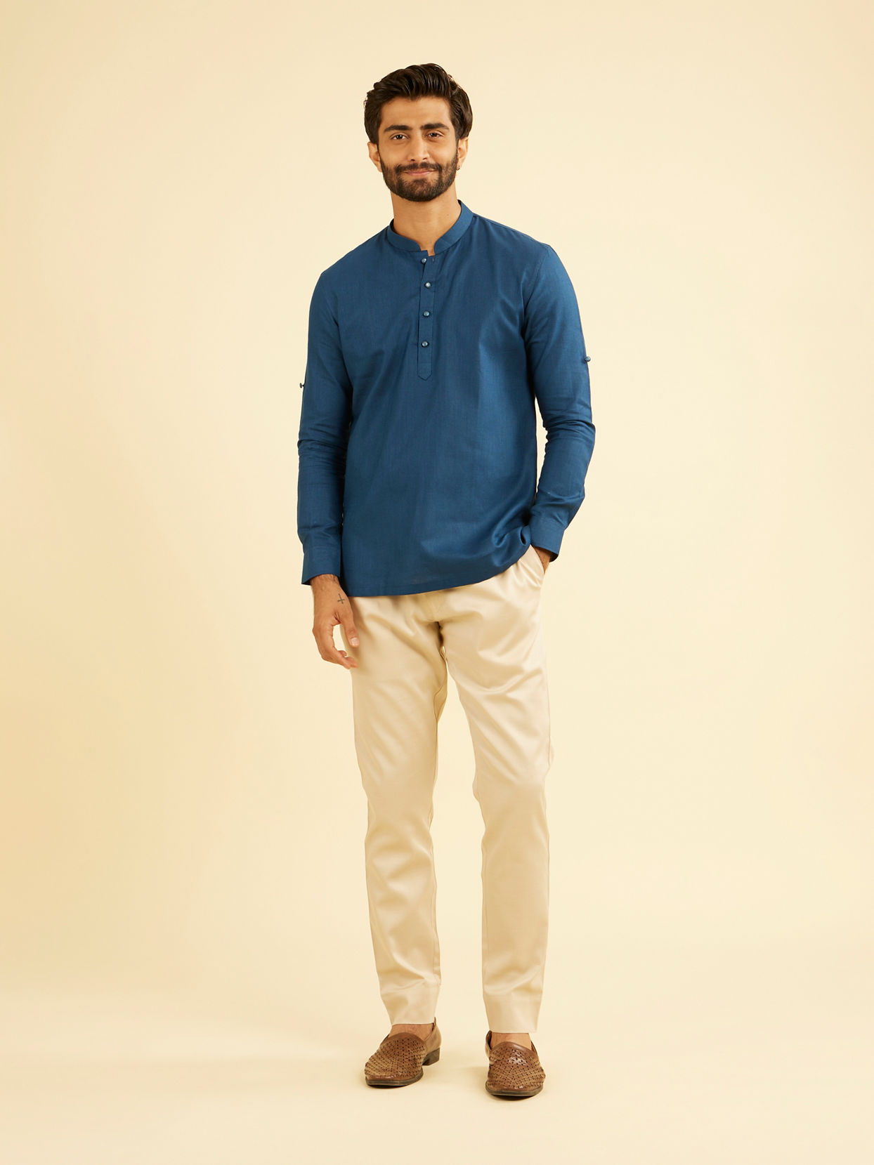 Manyavar Men Teal Blue Soiree Short Kurta
