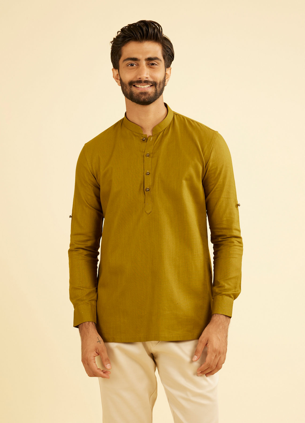 Manyavar Men Olive Green Refined Kurta