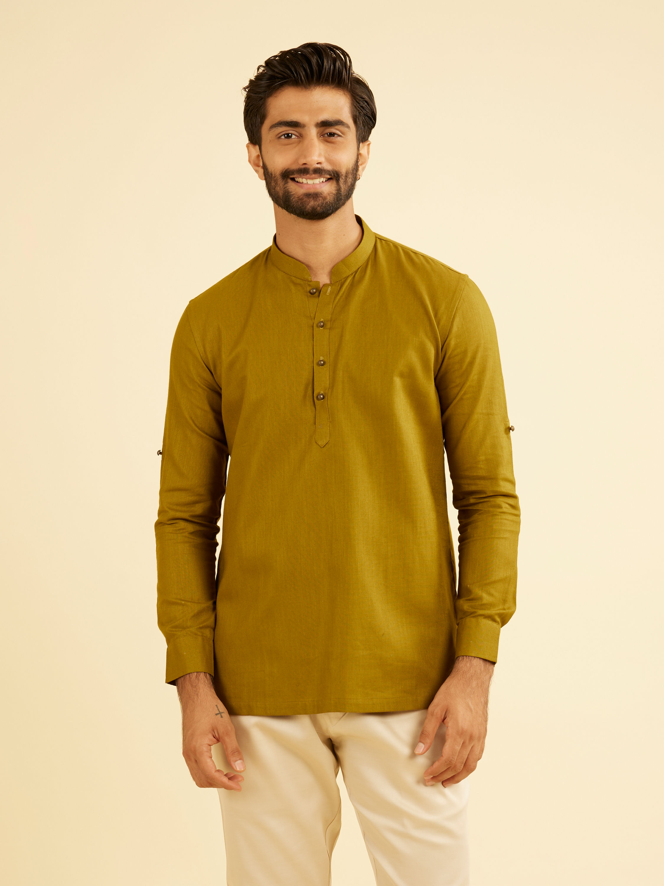 Manyavar Men Olive Green Refined Kurta