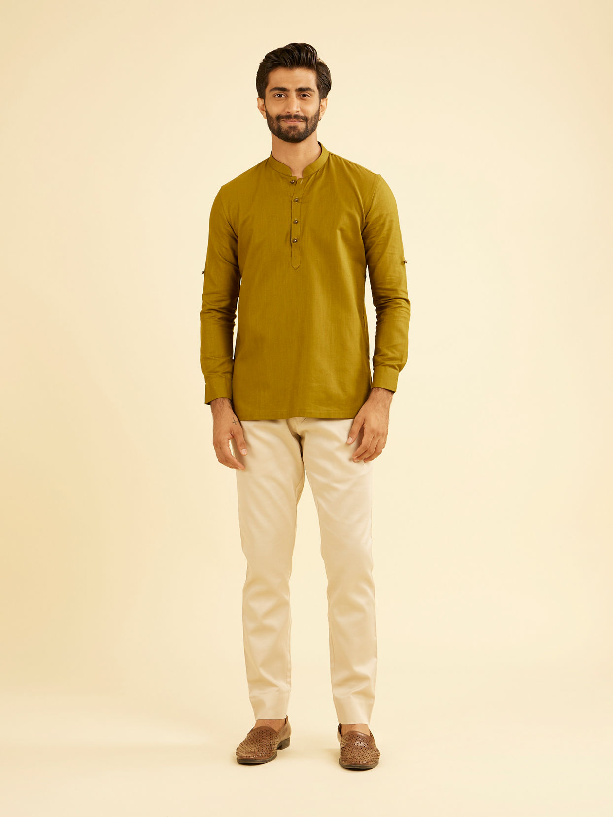 Manyavar Men Olive Green Refined Kurta